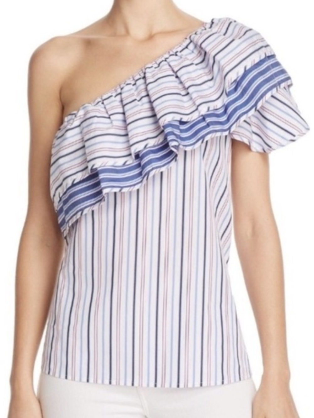 Parker One-Shoulder Striped Ruffle Tunic in Blue and White